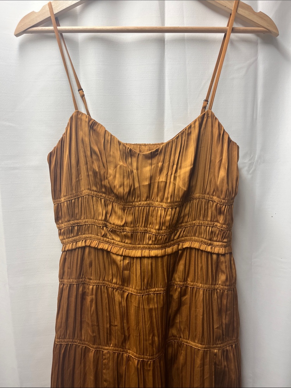 Anthropologie Gold Rust Ruched Tiered Satin Slip Milkmaid Cottage Dress- 4 - Picture 5 of 7